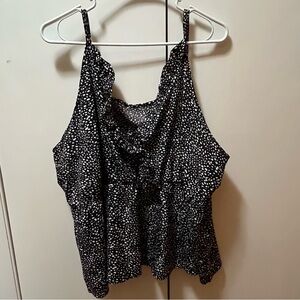 Black and Cream Dot Women's Vneck Top with Ruffle Neck Line